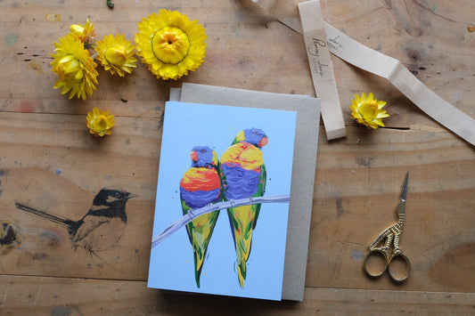 'Double rainbow of lorikeets' - Greeting card